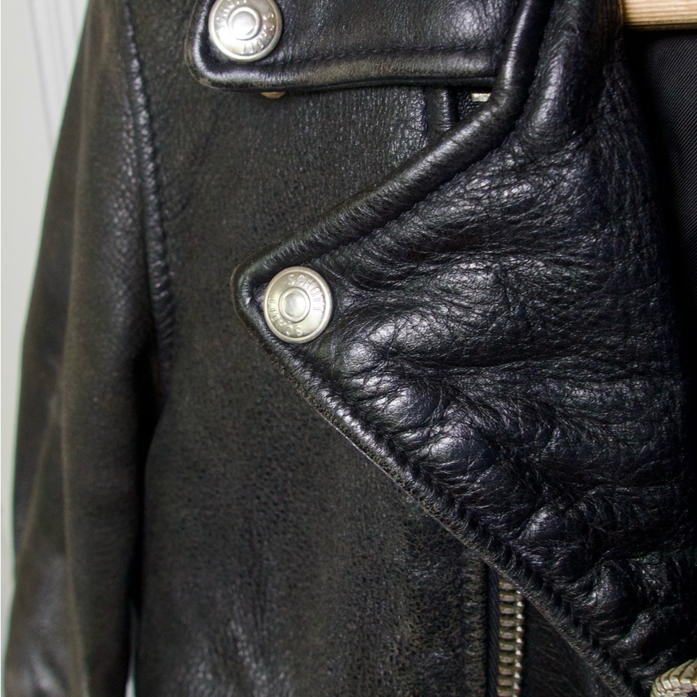 Schott NYC Black Leather Motorcycle Bomber Jacket with Silver Hardware - Picture 5 of 9